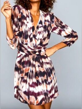 REISS Dress Sz 4 Orla Ikat Mini V Neck Modern Boho Cocktail Wedding 3/4 Sleeve